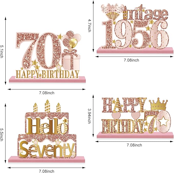 4 Pieces 70th Birthday Decorations Wooden Vintage 1956 Table Centerpieces for Women, Pink Rose Gold Cheers to 70 Years Table Sign Party Supplies, Hello 70 Years Old Bday Table Decor