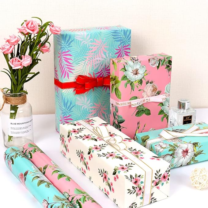 Gift Wrapping Paper Girls Women, 12 Sheets Floral Birthday Wrapping Paper, Pink Green Colorful Folded Gift Wrapping Paper for Birthday Valentines Day Bridal Shower Mother's Day, 19.6 x 27.5 Inches