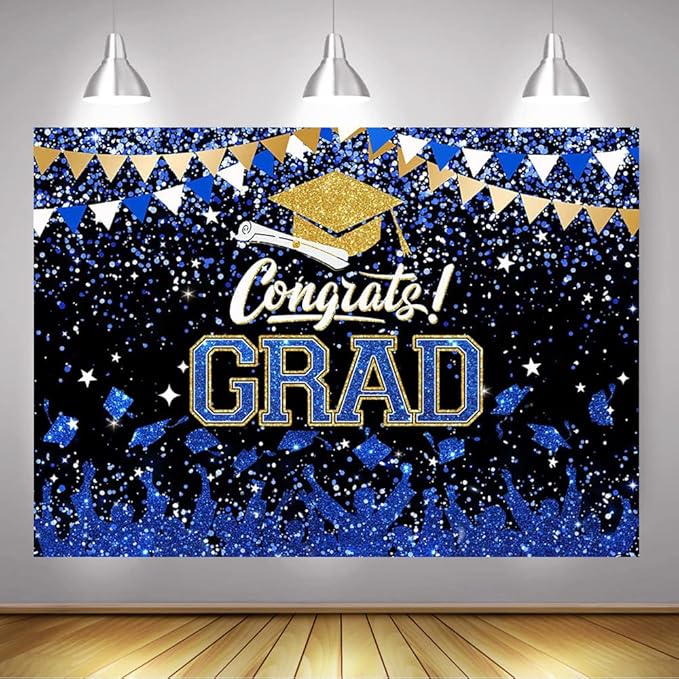 Mocsicka Graduation Party Decorations 2026 Congrats Grad Backdrops for Photography Bachelor Cap Congratulations Grad Photo Backdrop Graduation Prom Party Supplie (Blue and Gold, 10x8ft(120x96 inch))