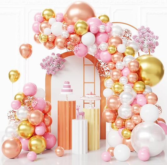 Rose Gold Balloons Arch Kit,130pcs Pearl Metallic Rose Gold Balloon Garland,Different Sizes White and Gold Latex Balloons for Wedding Bridal Baby Shower Birthday Party Decorations for Women