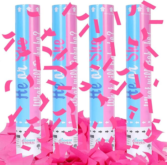Gender Reveal Confetti Cannon - Set of 4 for Stunning Baby Gender Announcements, Perfect Gender Reveal Cannon for Parties and Celebrations (4 pink) (Non-Powder)