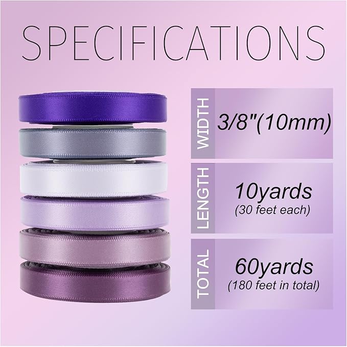 Thin Purple Ribbon 3/8 Inch x 60Yds Assorted Lavender, Lilac, Dark Purple, Double Faced Satin Ribbon for Flower Bouquet, Gift Wrapping, Wedding Invitation, Bridal Shower, Hair Bows, Gift Bags, Crafts