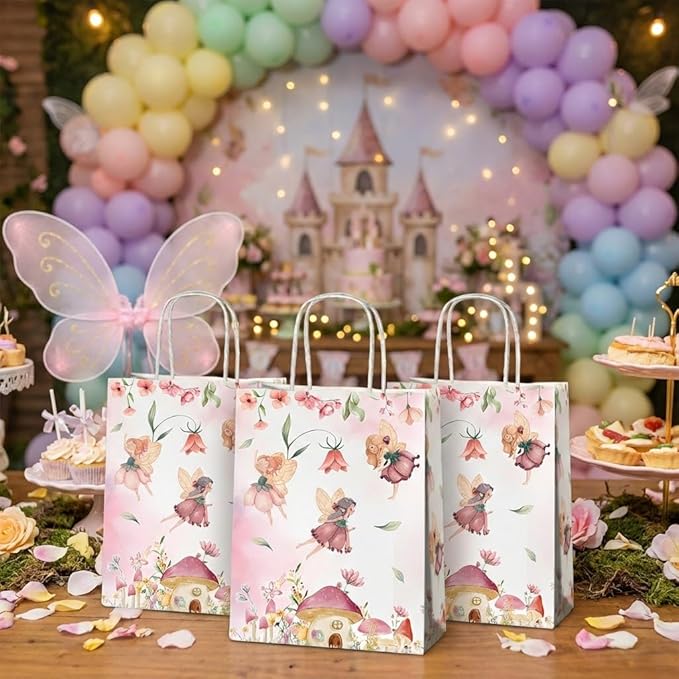24 Pcs Fairy Party Favor Bags with Handles, Woodland Mushroom Goodie Gift Candy Treat Paper Bags for Kids Girls Baby Shower Birthday Party
