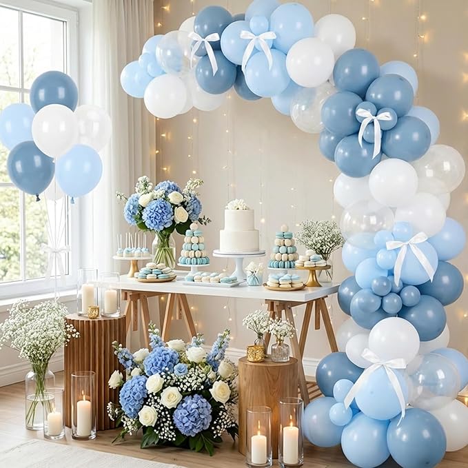 RUBFAC Dusty Blue and White Balloons, Party Balloons for Birthday Baby Blue Clear Balloon 12 Inch, Wedding Baby Shower Gender Reveal Decorations, 65pcs