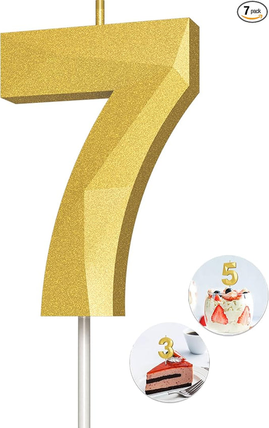 Number Birthday Candles(7 Candle Gold) 3D Diamond Shape Number Happy Birthday Cake Candles for Birthday Party Wedding Decoration Reunions Theme Party