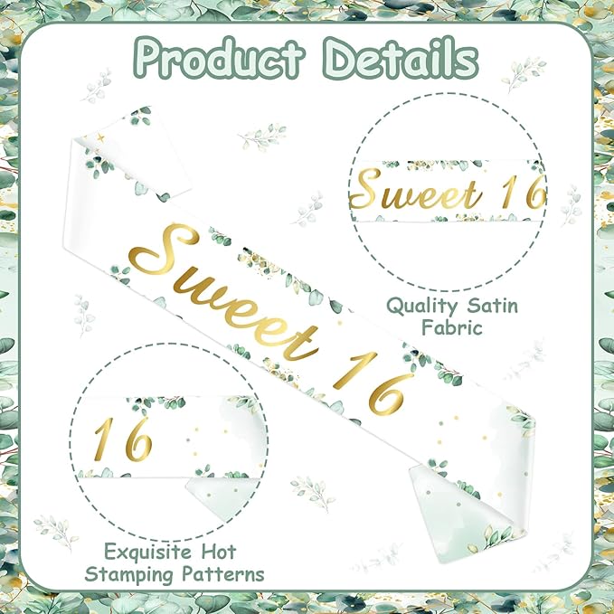 Sage Green 16th Birthday Decorations Sweet 16 Birthday Sash for Girls Women Greenery 16th Birthday Party Favors Happy 16-Year-Old Bday Party Decoration Supplies Photo Prop Photography