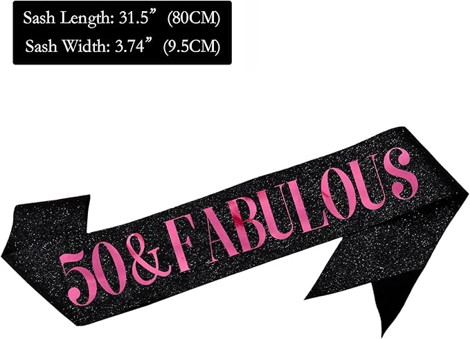 50 & Fabulous Sash, Funny 50th Birthday Sash for Women 50th Bday Party Photo Prop Favors Suppiles, Pink Foil Letter, Glitter Black