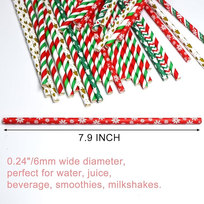 100 Christmas Paper Straws, 8 Styles Red Green White Gold Biodegradable Party Drinking Straws with Stripe, Wave, Christmas Tree Snowflake Design Decorations Supplies
