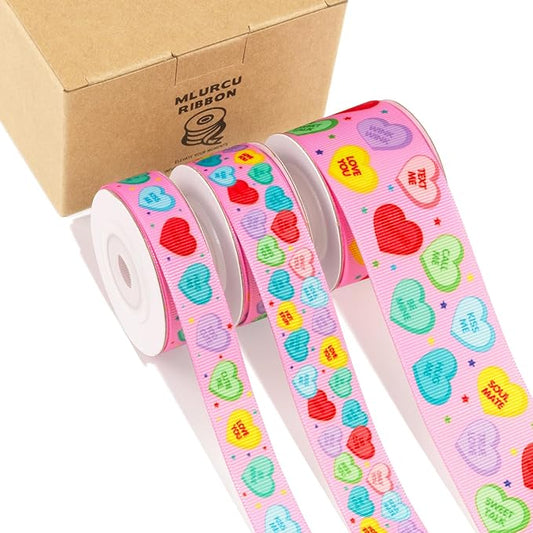 Candy Hearts Grosgrain Ribbon 3 Rolls Pink Valentine Ribbon 5/8", 7/8", 1.5" Conversation Heart Print Fabric Ribbon for Valentine’s Day Gift Wrapping, Party Decor, Bows, Wreaths & Crafts, DIY Banner