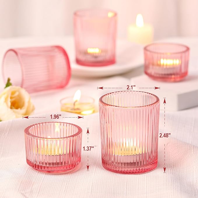 NITIME 20pcs Assorted Ribbed Pink Votive Candle Holders, Tealight Candle Holder for Valentine's Day, Pink Candle Holders for Wedding Table Decor, Mother' s Day, Bridal Shower and Party Decorations