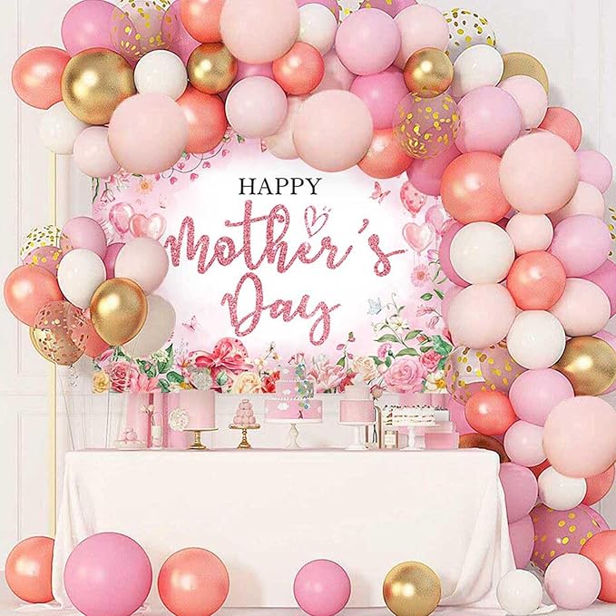 Mocsicka Happy Mother's Day Bakcdrop Pink Floral Mothers Day Party Decorations Banner for Women Festival Birthday Party Background Supplies Photo Booth Props (Pink, 10x8ft(120"x96"))