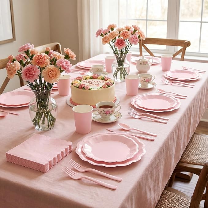 NatNarr 175 Pcs Pink Paper Plates and Napkins Set Include 9" Dinner Plates, 7" Dessert Plate Disposable Scalloped Tableware Serve 25 Guest for Wedding Baby Shower Bridal Shower Birthday