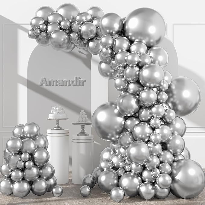 Amandir 153pcs Metallic Silver Balloons Arch Garland Kit Different Sizes 18 12 10 5 Inch Latex Chrome Silver Balloon Birthday Wedding Bachelorette Disco New Year Holiday Party Decorations
