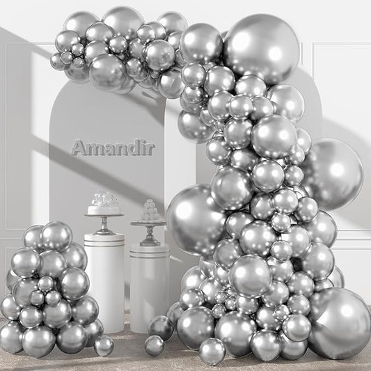 Amandir 153pcs Metallic Silver Balloons Arch Garland Kit Different Sizes 18 12 10 5 Inch Latex Chrome Silver Balloon Birthday Wedding Bachelorette Disco New Year Holiday Party Decorations