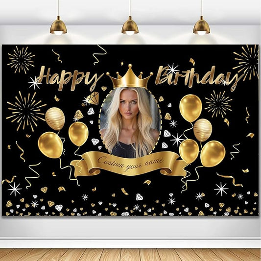 Custom Black Gold Crown Happy Birthday Banner Backdrop Personalized Happy Birthday Golden Balloon Diamond Backgroud Party Indoor Outdoor Car Decoration Supplies for Man Women (6x9ft)
