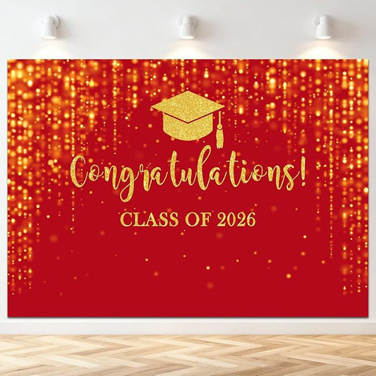 Mocsicka Class of 2026 Backdrop Red Gold Glitter Bokeh Graduation Party Background 2026 Congrats Grad Prom Party Cake Table Decoration Photo Booth Props (10x7ft)