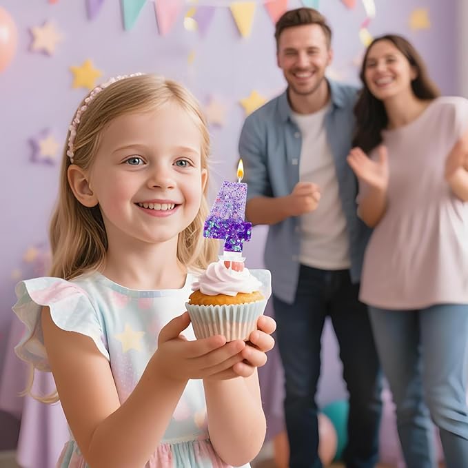Purple Sequin Birthday Candles, Cake Number Candles, Girls 0th Birthday Decorations, Suitable for Birthday Parties, Anniversary Party Decorations(4)