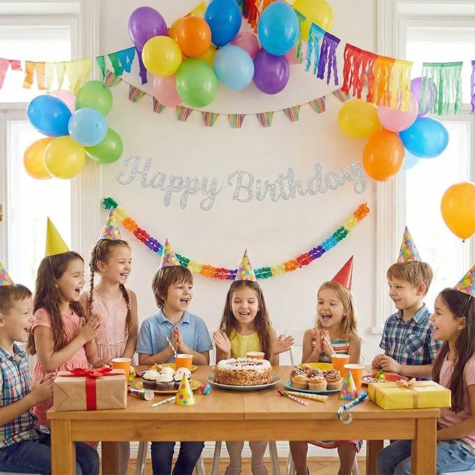 Glitter Happy Birthday Banner Sign, Reusable Birthday Party Garland Decorations, DIY Cake Day Celebration Banners Party Supplies for Women, Men, Boys, Girls (Silver)