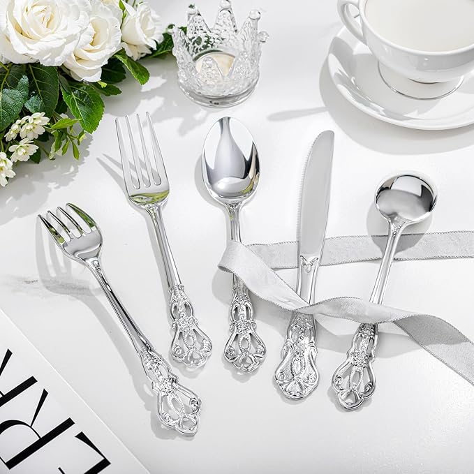 150PCS Silver Plastic Silverware - Heavy Duty Silver Disposable Cutlery - Fancy Plastic Utensils Flatware Include 50 Forks, 50 Spoons, 50 Knives for Catering, Parties, Dinners, Weddings