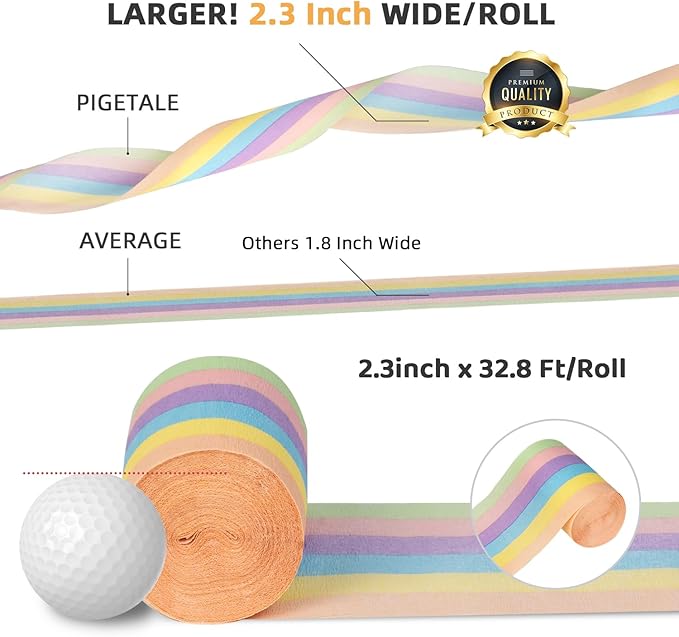 PIGETALE 6 Pastel Streamers, 197ft Pack of Rainbow Colorful Crepe Paper Streamers for Birthday Wedding Bachelorette Bridal Shower Unicorn Easter Spring Theme Party Hanging Backdrop DIY Crafts Supplies