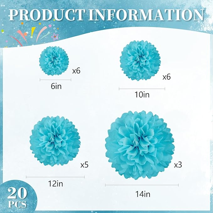 20 PCS Blue Tissue Paper Pom Poms, Tissue Pom Poms Flowers, Sizes of 6", 10", 12", 14" Hanging Paper Flower Ball for Wedding, Birthday, Halloween, Christmas, Baby Shower Party Decor