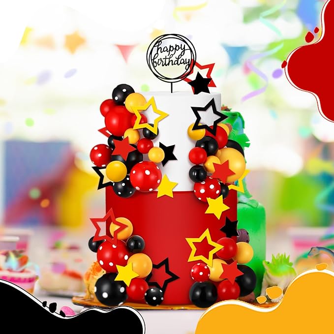 57 Pcs Black Red Yellow Ball Star Cake Topper Set Cartoon Cake Decorations with Flag DIY Insert Topper for One Two Years Happy Birthday Decorations Baby Shower Party Supplies(Happy Birthday)