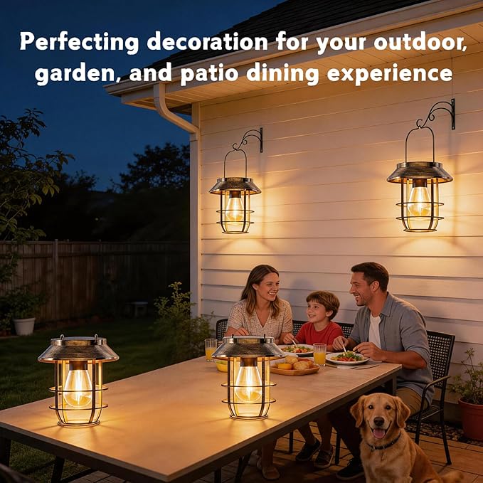 Ahaorigin Solar Lanterns Outdoor Waterproof, High Brightness Hanging Solar Lights for Outside with Wall Hooks, Retro Metal Outdoor Lanterns Auto On/Off for Porch, Patio, Yard Decor 4 Pack