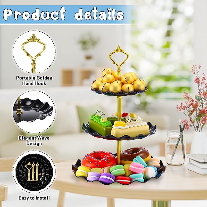 Patelai 8 Packs 3 Tier Cupcake Stand Holder Plastic Cake Serving Display Stand Tower Donuts Cookie Dessert Tray Holder Wave Shape with Gold Rod for Wedding Birthday Baby Shower Tea Party(Black)