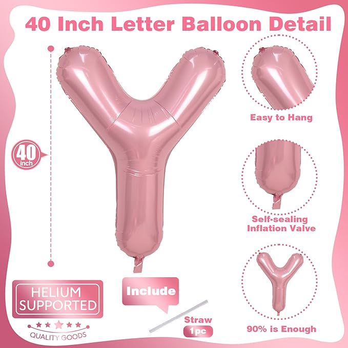 Giant Letter Y Foil Balloon Baby Pink, Pastel Pink Inflatable Word Balloon Y Alphabet Birthday Decor, 40 Inch Pearl Pink A-Z Custom Alphabet Balloons for Girls Baby Shower Party Decoration Supplies