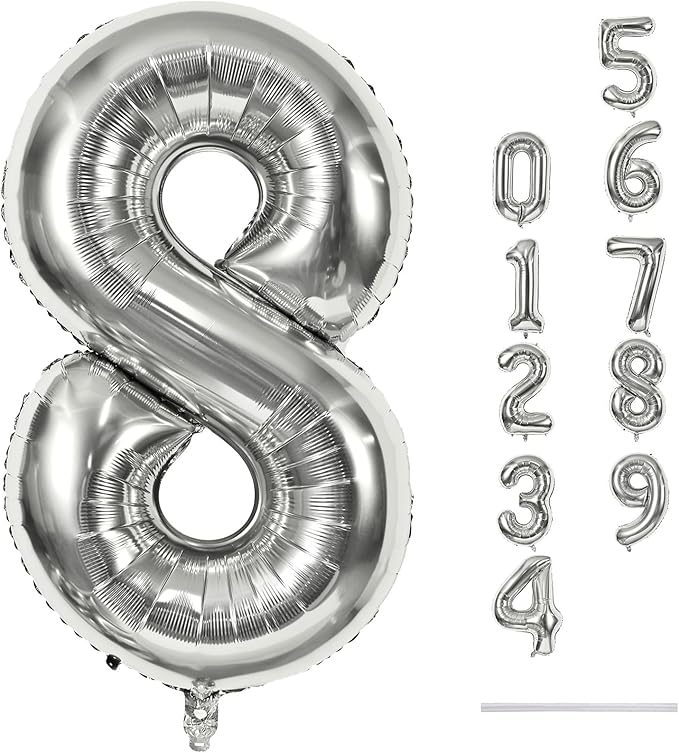 Silver Foil Balloon Number 8 for Boys, 40'' Giant Self Inflating Number Balloons Set 0-9 for Girls, Large Number 8 Helium Balloon for Women Men 8th Birthday Anniversary Party Decorations Supplies