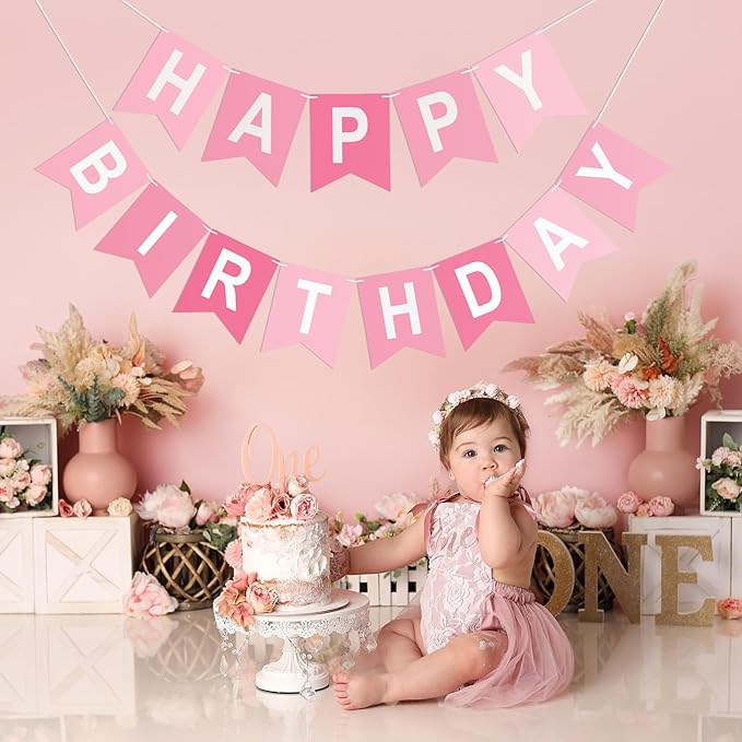 Happy Birthday Banner Birthday Party Banner NO DIY Happy Birthday Sign Pre-Strung Birthday Hanging Decoration for Women Men Girl Boy Party Supplies (Pink)