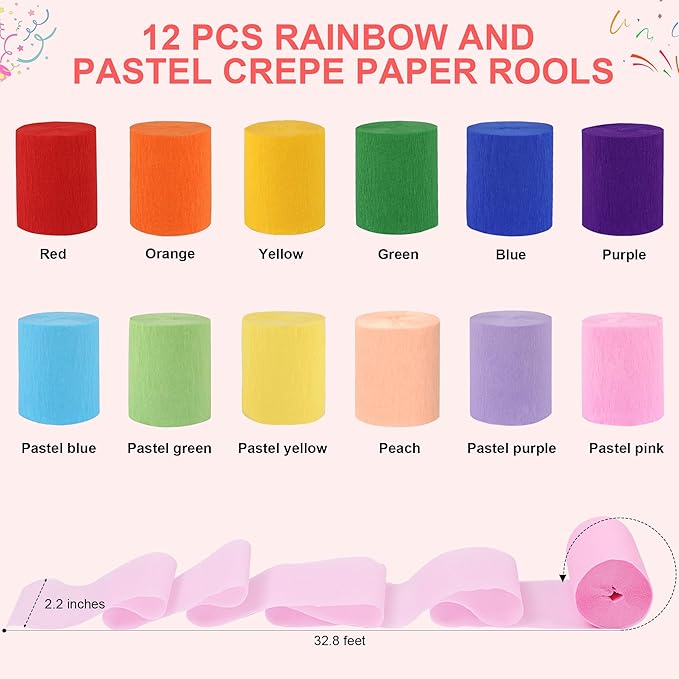 Oubest 12 Rolls Rainbow and Pastel Crepe Paper Streamers Party Decorations, 2.2 Inch Wide Colorful Party Streamers for Birthday, Baby Shower, Wedding, Halloween, Christmas Decorations, DIY Crafts