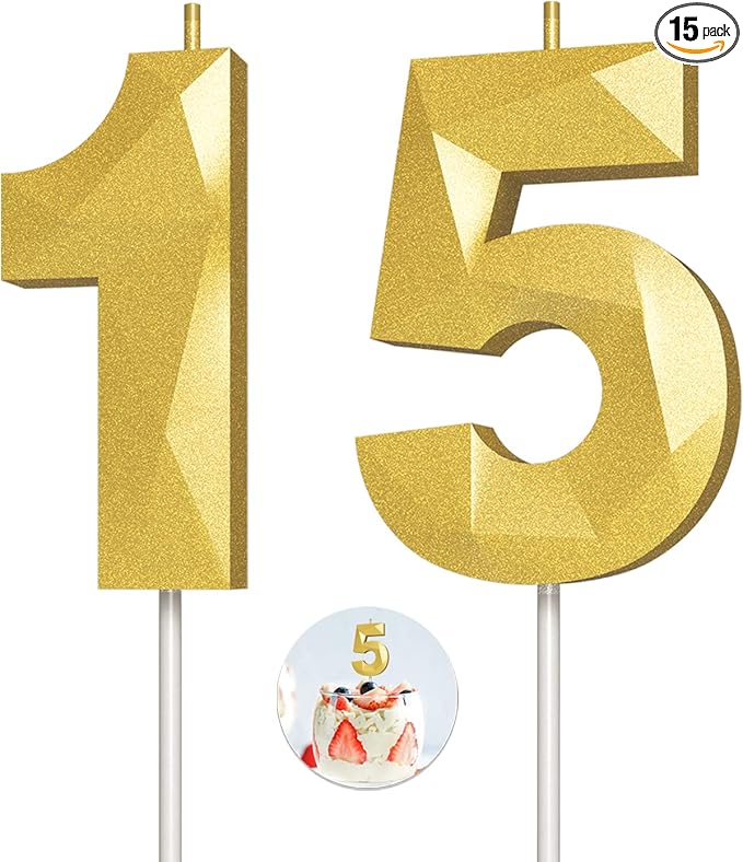 Number Birthday Candles(15 Candle Gold) 3D Diamond Shape Number Happy Birthday Cake Candles for Birthday Party Wedding Decoration Reunions Theme Party