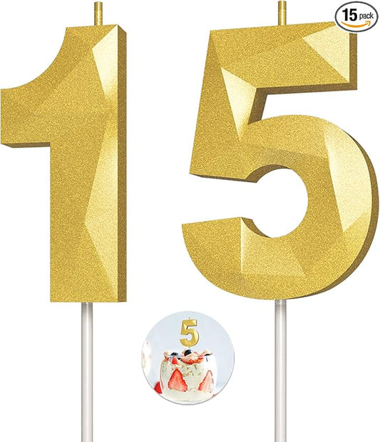 Number Birthday Candles(15 Candle Gold) 3D Diamond Shape Number Happy Birthday Cake Candles for Birthday Party Wedding Decoration Reunions Theme Party