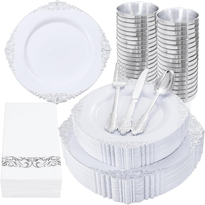Nervure 350PCS Silver Plastic Dinnerware - White and Silver Disposable Plates for 50 Guests - 100 Disposable Plates, 150 Plastic Silverware, 50 Cups, 50 Napkins for Wedding & Party
