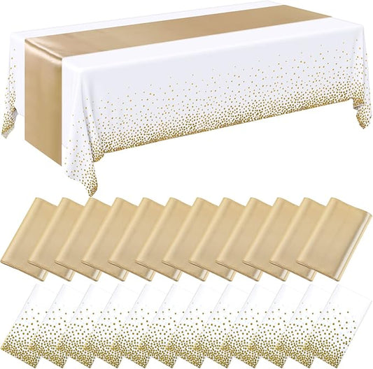 Breling 24 Packs White and Gold Disposable Plastic Tablecloths and Satin Table Runner Set, 54 x 108 Inch Tablecloth, 12 x 108 Inch Table Runners for Wedding Graduation Birthday Baby Shower