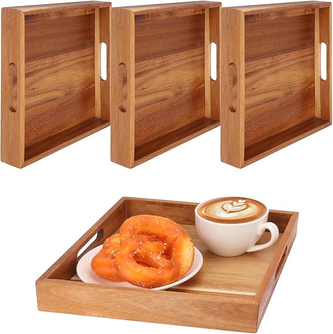 4 PCS Acacia Wood Serving Tray with Handles - 10 Inch Square Wooden Tray with Handles, Ideal as Breakfast, Coffee Table, Decorative, Serving(1.75 Inch Thickness)