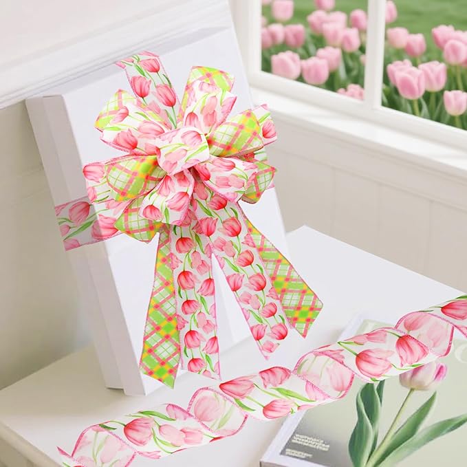 2 Rolls Pink Tulip Wired Ribbon - 2.5 Inch Wide, 10 Yards Total, Elegant Tulip Floral for Wedding Decor, DIY Crafts & Gift Wrapping, Romantic Pink Wired Edge Ribbon