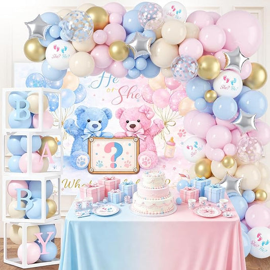 Bear Gender Reveal Party Decorations - 136 Pcs Balloon Arch Kit with Baby Display Boxes, Letters & Backdrop for Baby Shower Boy or Girl Party (Blue-Pink)