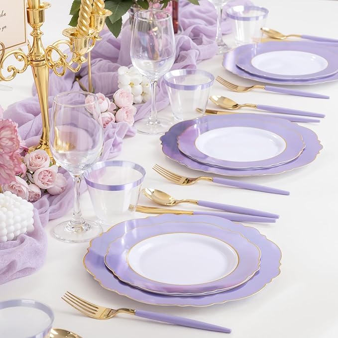 WDF 60pcs Purple Plates Disposable with Gold Rim - Baroque Light Purple Plastic Plates - Lavender Plates for Spring/Wedding/Birthday