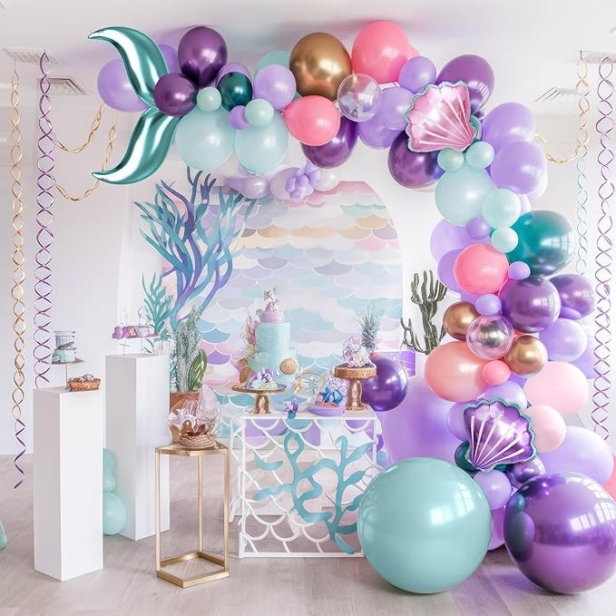 Mermaid Balloon Garland Arch Kit, Pastel Pink Purple Teal Blue Clear Latex Balloons with Mermaid Tail Seashell Foil balloons, for Girls Little mermaid Party Decorations Under the Sea Birthday Supplies