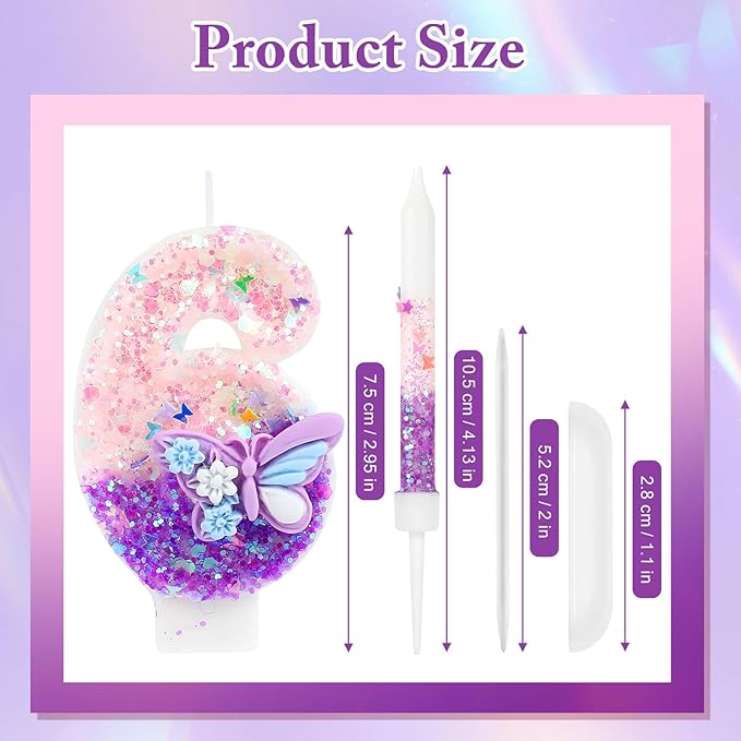 AKURIEEY Butterfly 6th Birthday Candle Purple Number 6 Candle with 6 Pcs Long Candles for Girls Cake Topper Cupcake Decor Party Decoration Anniversary Celebrations Supplies