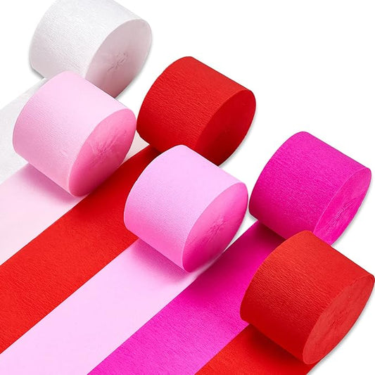 PartyWoo Pink Crepe Paper Streamers 6 Rolls 492 ft Pack of Light and Hot Pink Red White Crepe Paper Rolls for Baby Shower Valentine's Day Wedding Birthday Party Decorations (1.8 Inch x 82 Ft/Rolls)
