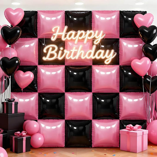 50Pcs Pink and Black Square Foil Balloons Wall Backdrop, Double Sided Metallic Foil Balloons Tunnel Arch Garland Kit for Photo Booth Birthday Wedding Halloween Christmas Party Decorations