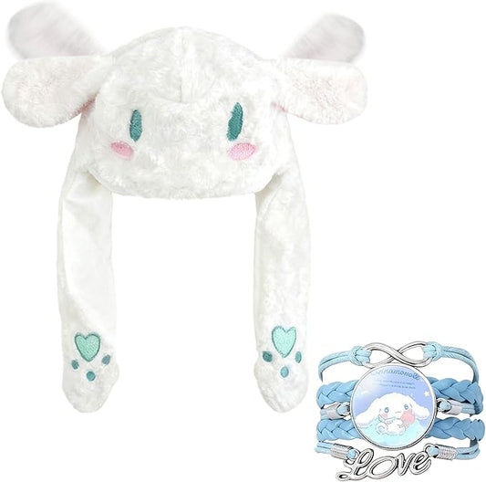 Funny Plush White Dog Jumping Hat, Ear Moving Hat with Paws, Cute Cartoon Animal Pressing Jumping Cap Ear Warm Winter Hat for Women Girls Teens