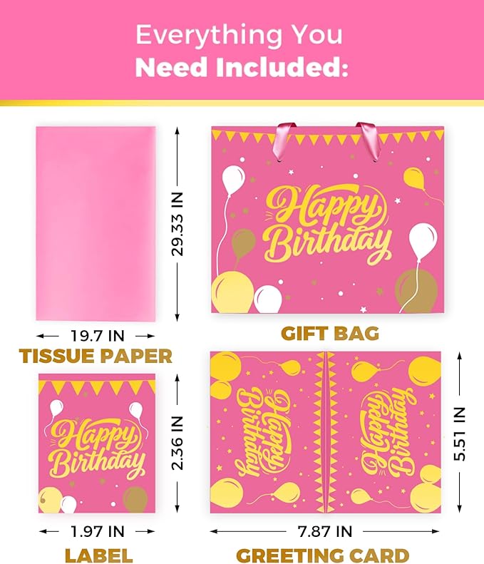 Pink Birthday Gift Bag for Girls – 12.5 Inch Medium Size with Tissue Paper and Greeting Card – Perfect for Women or Mom (1 Piece, Foil Stamping)
