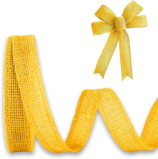 Gold Yellow Burlap Ribbon 1/2 inch X 10 Yard Natural Linen Woven Wired Ribbons DIY Handmade Edging Production Wreath Holiday Decoration Ribbon for Gift Wrapping Gold Yellow Ribbons