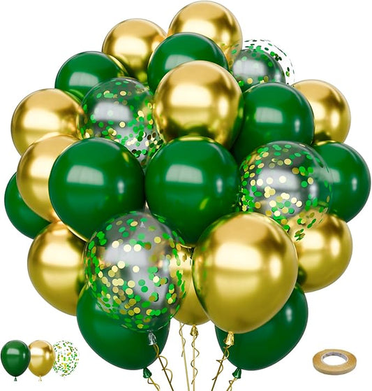 65Pcs Green Gold Balloons Set, Dark Green & Metallic Gold Balloons, Confetti Latex Balloons for Birthday, Graduation, St. Patrick's Day, Jungle Party Decorations