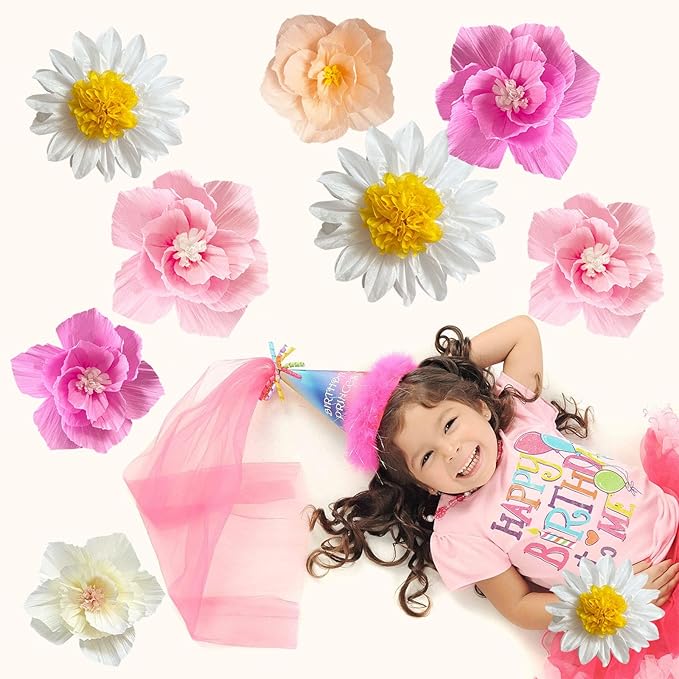 ANSOMO Pink Daisy Tissue Paper Pom Poms Party Decorations Flowers Wall Hanging 1st Birthday Bridal Baby Shower Wedding Classroom Décor Girls