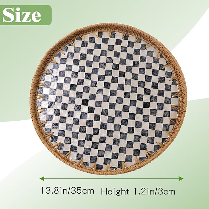 13.8” Round Rattan Tray with Mother of Pearl Inlay, Handwoven Wicker Coffee Table Serving Basket Tray for Fruit Snack Party Picnic Cafe Bedroom Kitchen Home Decor 1 Pcs (Chessboard)